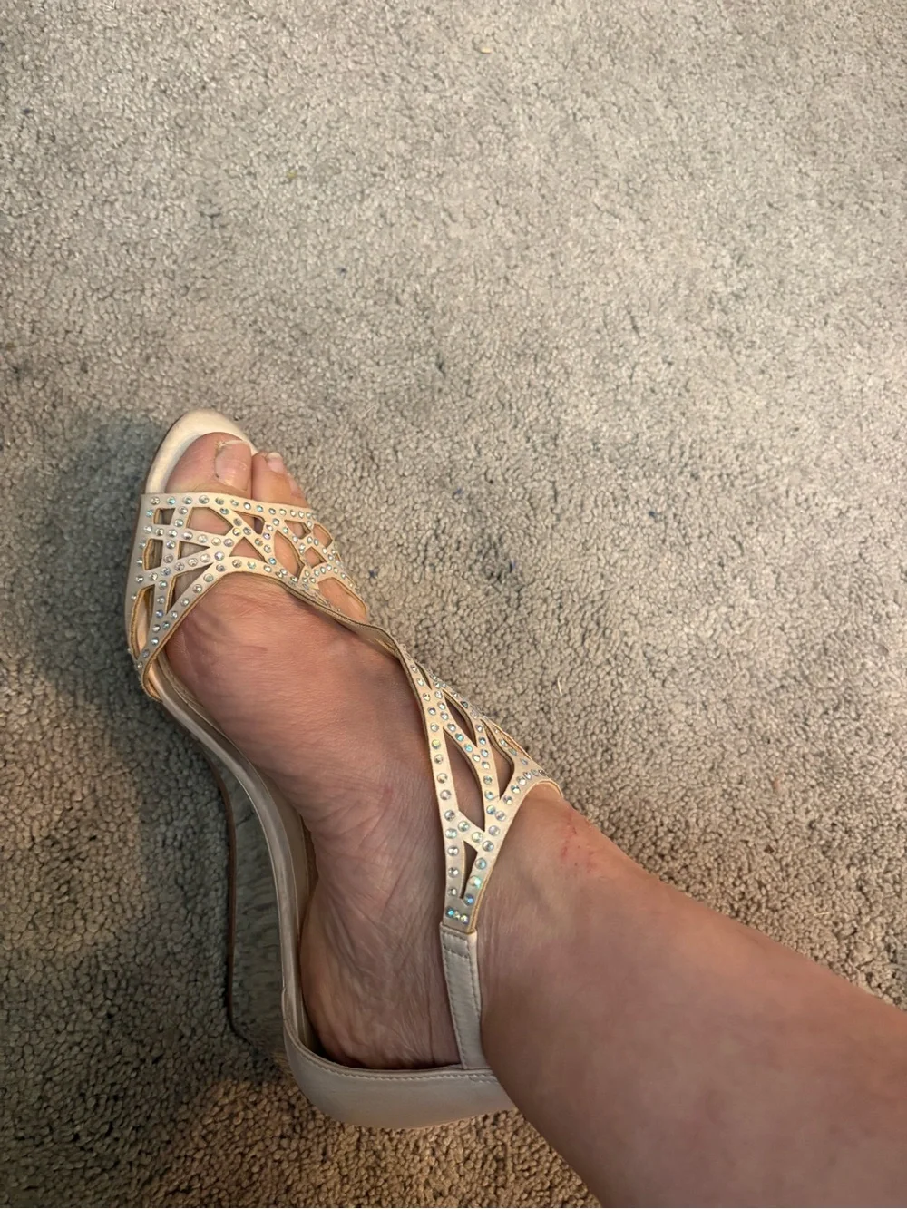 Vince Camuto Nude Crystal T‑Strap Wedge Sandals